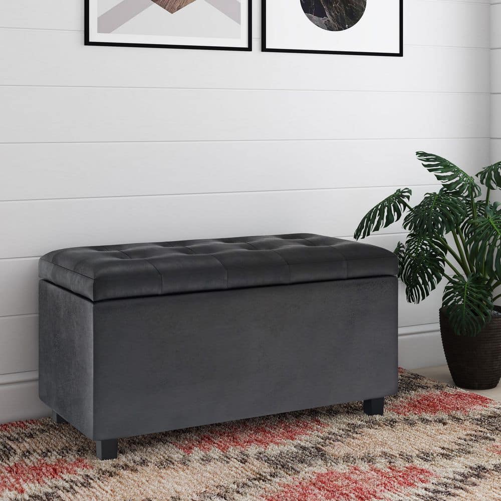 Cosmopolitan Distressed Black Tufted Footstool with Storage