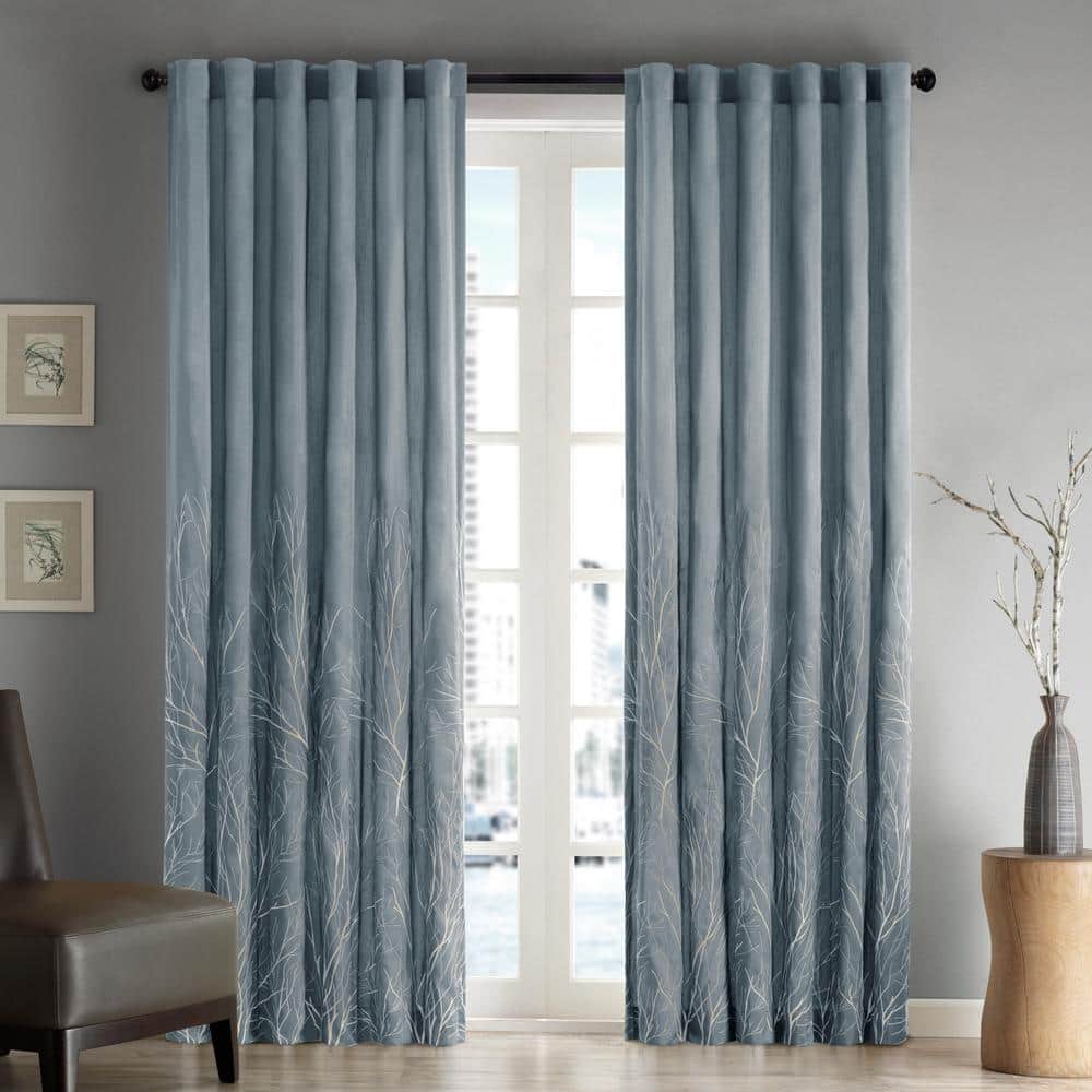 Blue Faux Silk Embroidered Puddle Length Curtain Panel