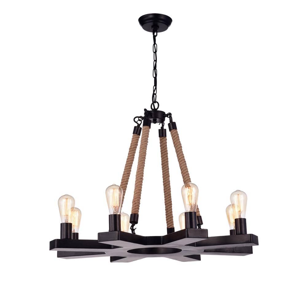 Brownish Black 30" Wood 8-Light Candle Style Chandelier