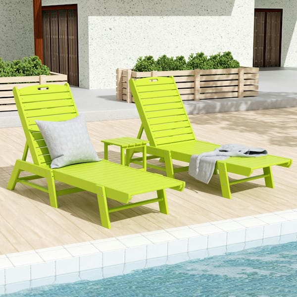 WESTIN OUTDOOR Laguna Lime 3-Piece All Weather Fade Proof HDPE Plastic Outdoor Patio Reclining Chaise Lounge Chairs with Side Table Set