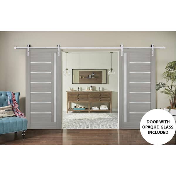 Assemble Required 72 in. x 96 in. Single Panel Gray Solid MDF Sliding Door with Double Barn Stainless Kit