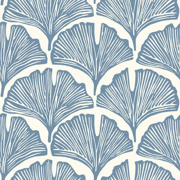 Novogratz Blue & Off White Feather Palm Vinyl Peel and Stick Wallpaper Roll (Covers 15.37 sq. ft. )