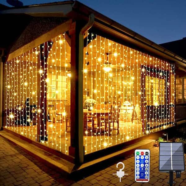 Solar Curtain Lights 300 LED 8 Modes Remote Control Waterproof Outdoor Garden String Lights for Gazebo Patio Party