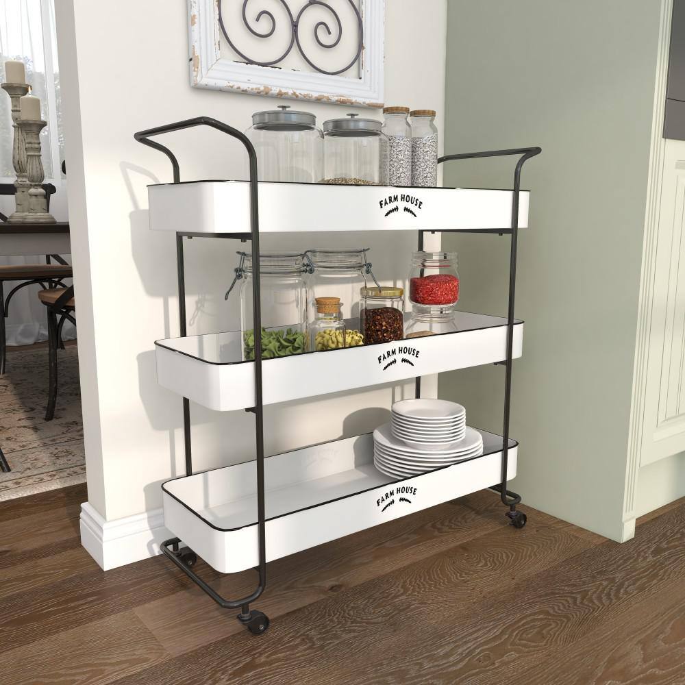 White Metal Rolling Utility Cart with Black Accents and Farmhouse Design