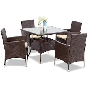 5-Piece PE Rattan Wicker and Metal Patio Dining Set with Beige Cushions