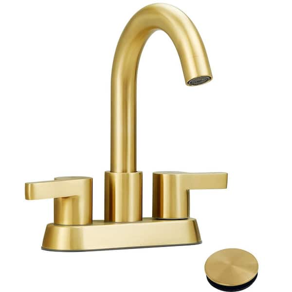 AIMADI 4 in. Centerset Double Handle High Arc Bathroom Faucet with Drain Assembly 3 Hole Bathroom Sink Taps in Brushed Gold