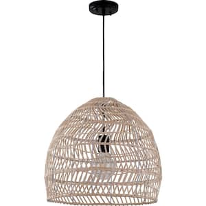 Magan 1-Light Black Island Basket Pendant Light with Rattan Dome Shade