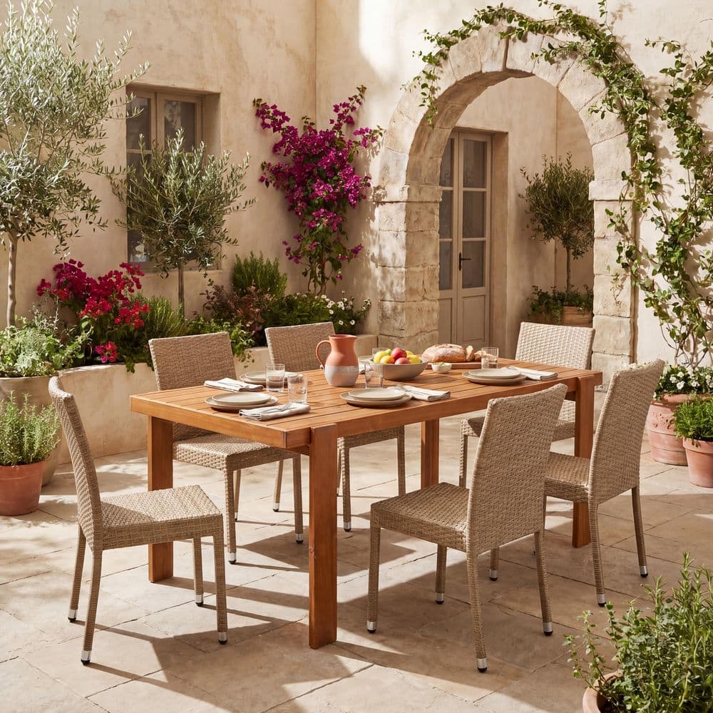 7-Piece Solid Wood Rectangular Patio Outdoor Dining Set with Wicker Chairs price history on PriceWatchPro