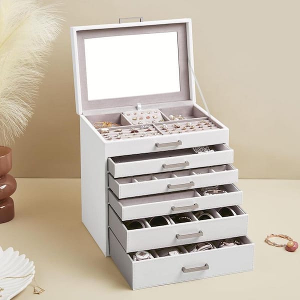 White 12 in. x 12.3 in. Polyurethane Modern Jewelry Organizer Box with Big Mirror
