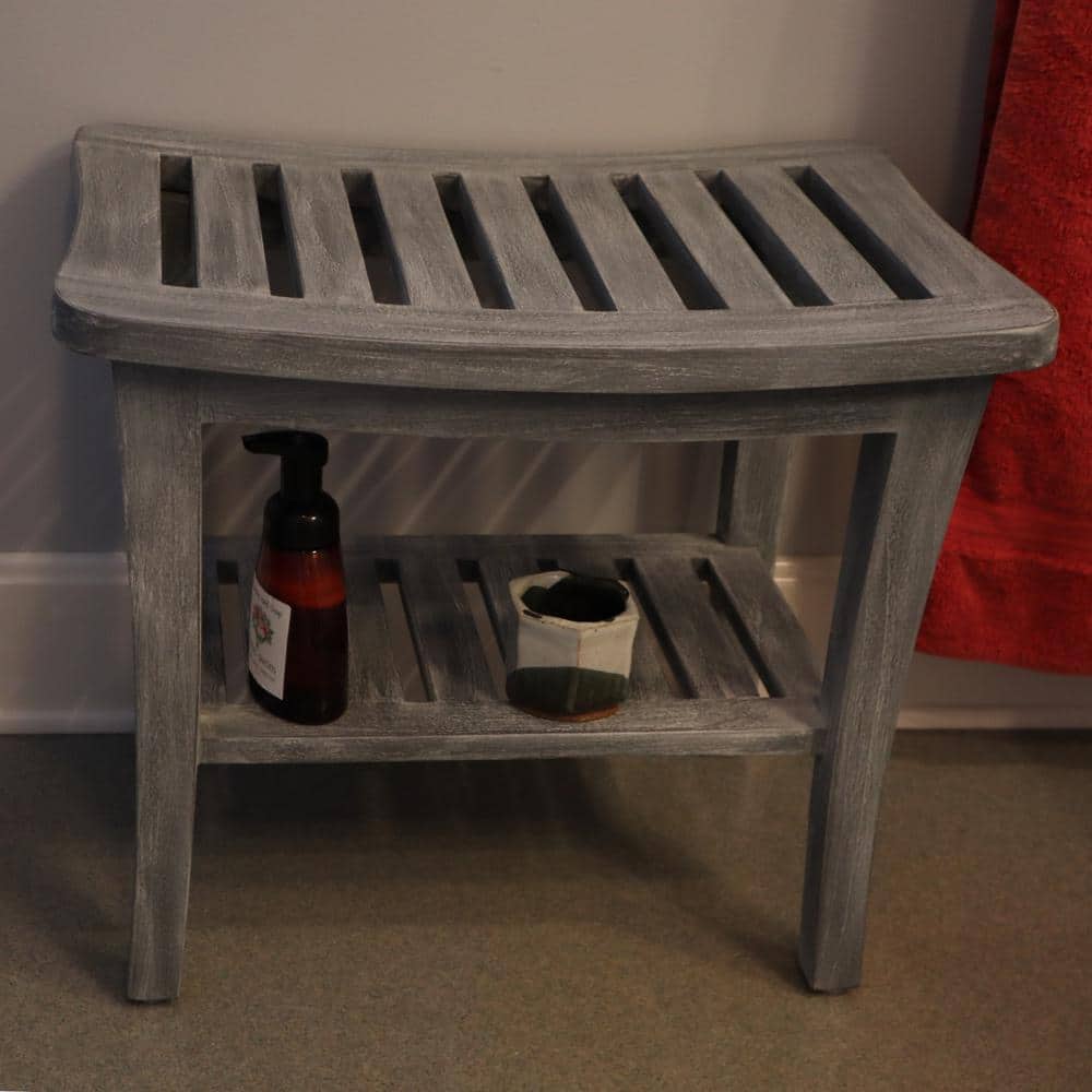 Elegant Weathered Gray Teak Wood Vanity Bench, 20"x13.5"