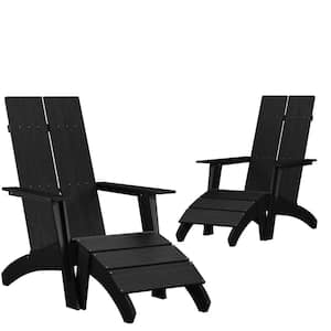 Black Faux Wood Resin Adirondack Chair with Foot Rest (2-Pack)