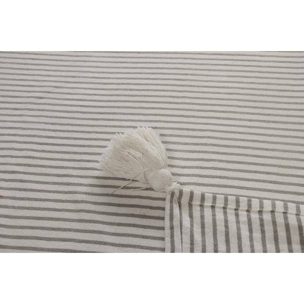 Gray and White Cotton Striped Throw Blanket with Tassels