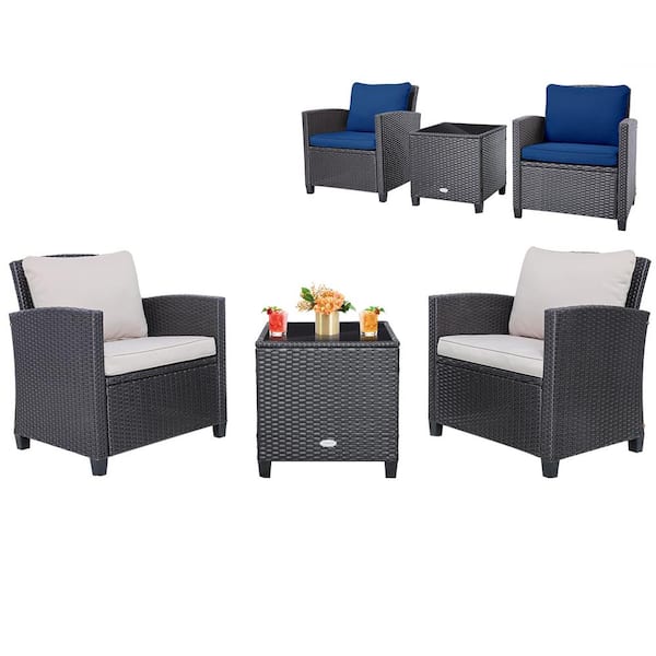 Costway 3-Pcs Rattan Wicker Patio Conversation Set Sofa Coffee Table with Beige andNavy Cushions