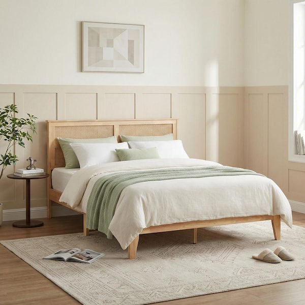 Natural Brown Wood Frame Queen Platform Bed with Rattan Headboard