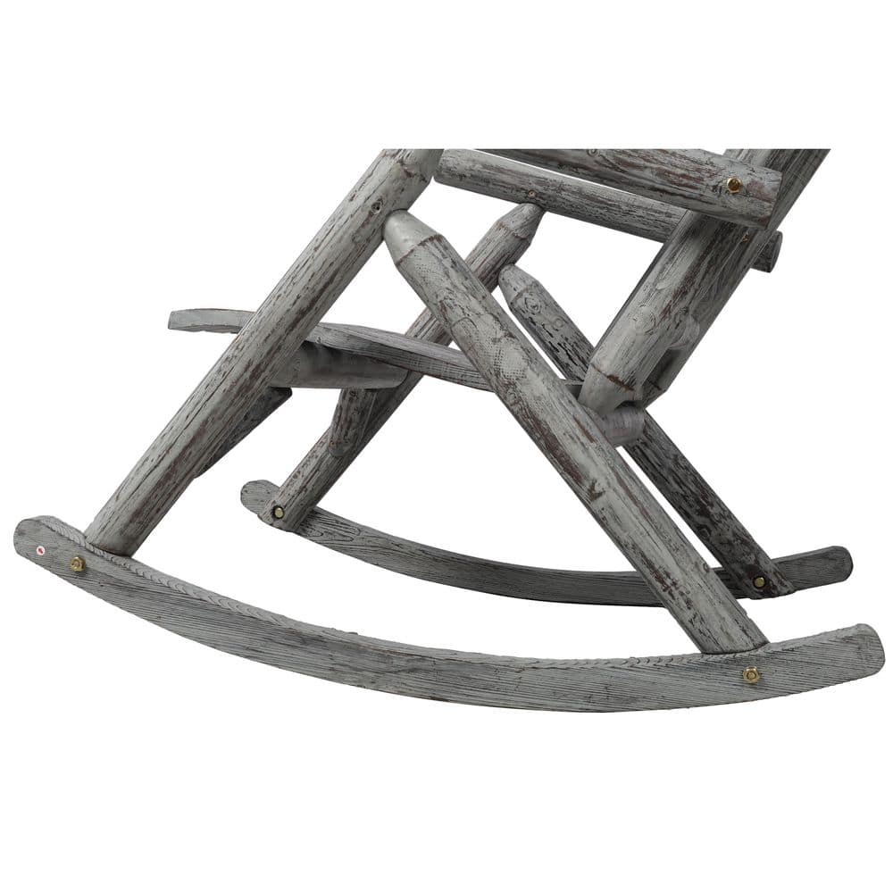 View of the frame and structure of a wooden rocking chair.