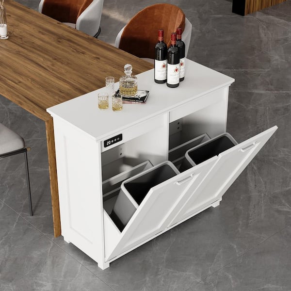 White Wood 37.4 in. W x 32.2 in. H Pantry Cabinet, Sideboard, Cabinet for 2-Trash Can w/ Air Purifier and Slanted Drawer