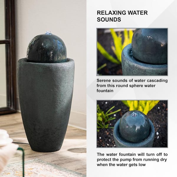 XBrand 26 in. Dark Green Sphere Water Fountain with LED - Indoor/Outdoor Modern Patio Decor