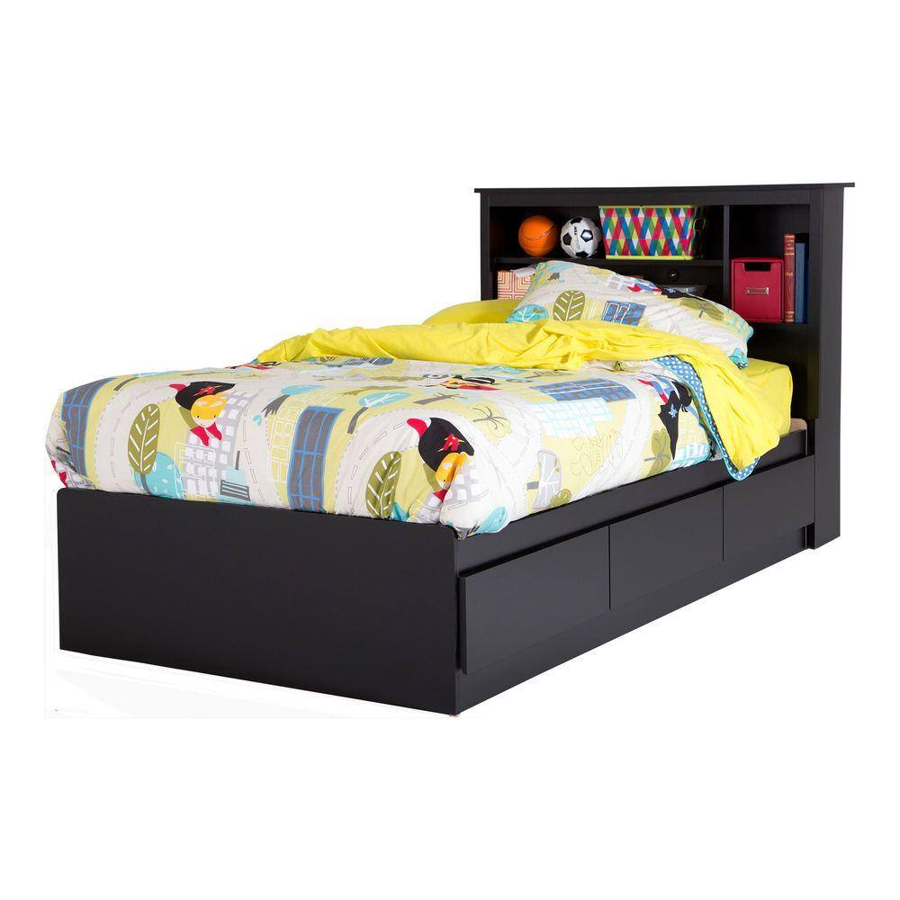 Twin Black Wood Bookcase Headboard with Storage