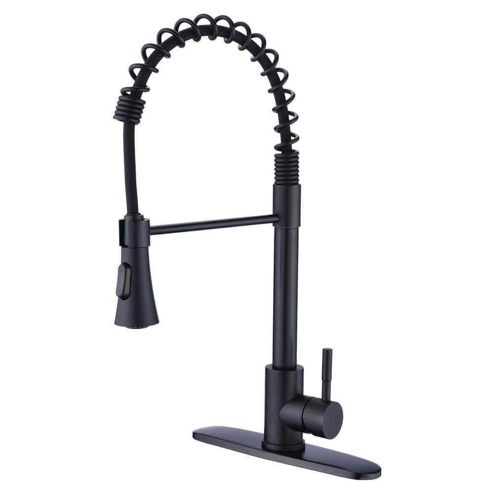Black Single-Handle Pull-Down Sprayer Kitchen Faucet with Spring Design in 