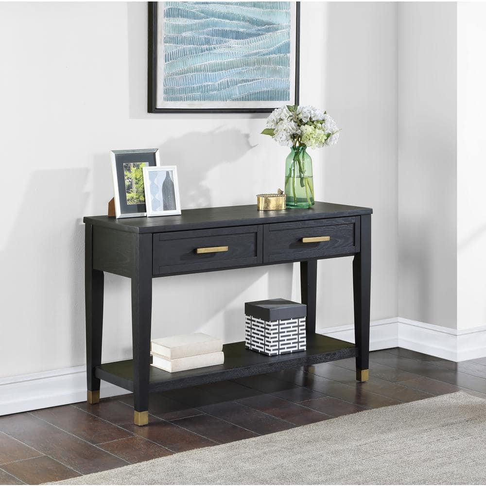 Charcoal and Brass Rectangular Wood Console Table with Storage