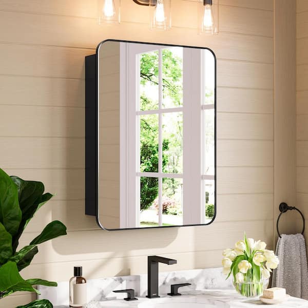 24 in. W x 32 in. H Black Rectangular Aluminum Framed Medicine Cabinet with Mirror