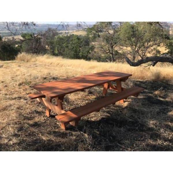 96" Medium Brown Redwood Picnic Table with Attached Benches