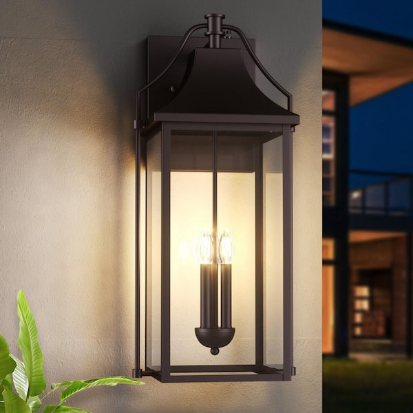 Hawaii 25 in. H 3-Bulb Oil-Rubbed Bronze Hardwired Outdoor Wall Lantern Sconce with Dusk to Dawn
