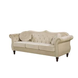 80 in. Square Arm Velvet Trim 3-Seater Sofa in Ivory