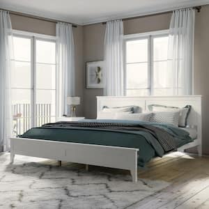 White Wood Frame King Size Elegant Simple Platform Bed with Sturdy Center Support Legs