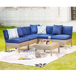 6-Piece Wicker Outdoor Sectional Set with Blue Cushions