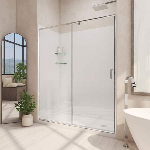 DreamLine 32 in. D x 60 in. W x 78-3/4 in. H Pivot Semi-Frameless Shower Door Base and White Wall Kit in Chrome