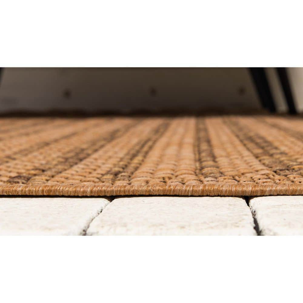 Easy-Care Reversible Stripe Round Outdoor Rug, 6'1", Light Brown