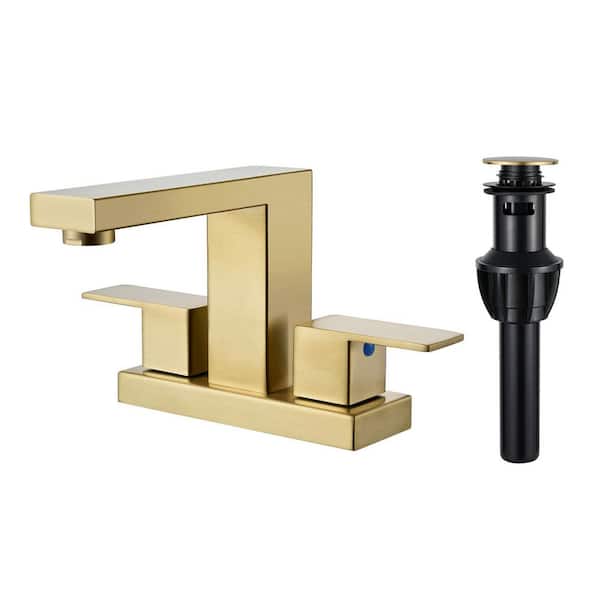 Zalerock Minimalist 4 in. Centerset Double Handle Low Arc Bathroom Faucet with Drain kit Included in Brushed Gold