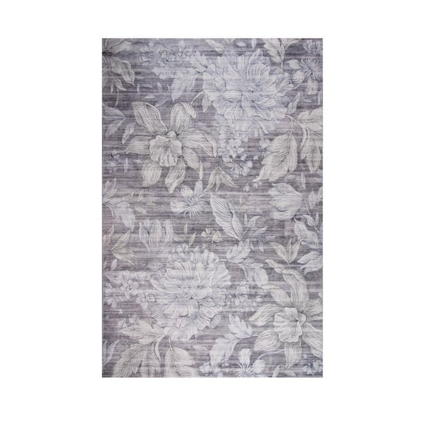 5' X 8' Gray and Beige Floral Area Rug