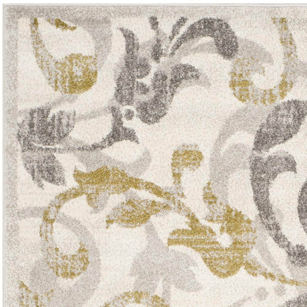 Ivory Light Grey Floral Square Synthetic Easy-Care Rug