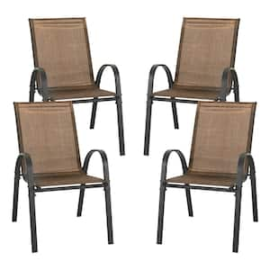 Black Metal and Textilene Stackable Outdoor Dining Chairs in Brown (4-Pack)