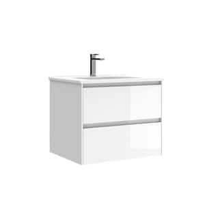 Perla 24 in. W x 18.1 in. D x 19.5 in. H Single Sink Wall Mounted Bath Vanity in Gloss White with White Ceramic Top
