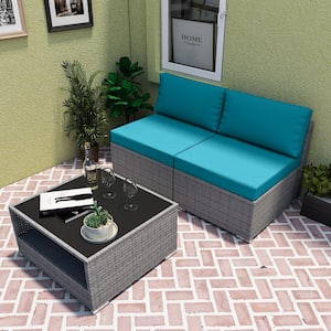 3-Piece Armless Wicker Outdoor Patio Conversation Seating Sofa Set with Coffee Table, Light Blue Cushions