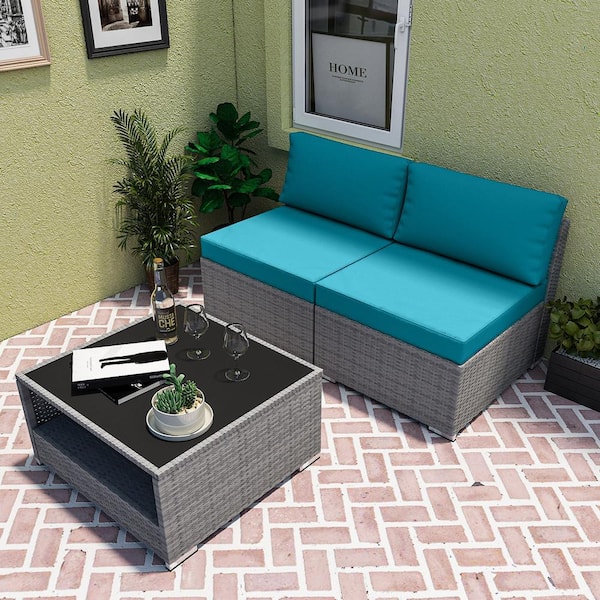 EAGLE PEAK 3-Piece Armless Wicker Outdoor Patio Conversation Seating Sofa Set with Coffee Table, Light Blue Cushions