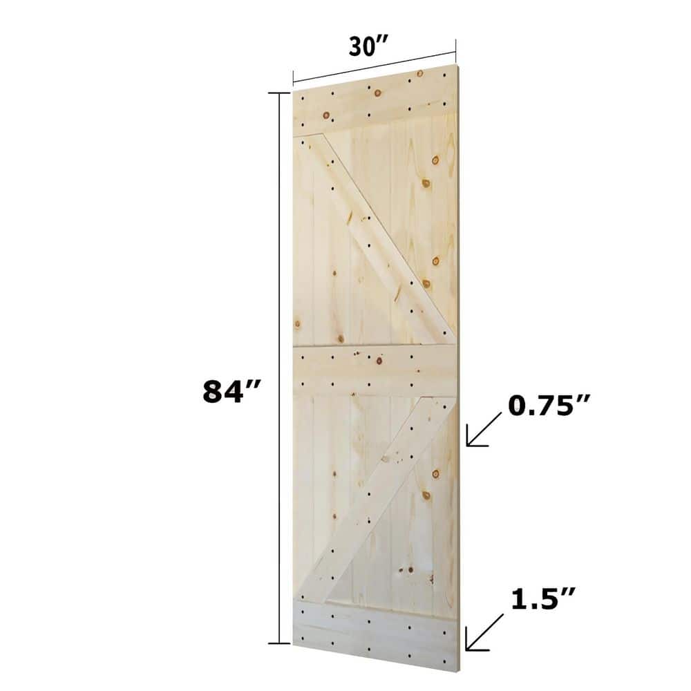 K Style Solid Pine Wood Sliding Barn Door Kit with Black Hardware