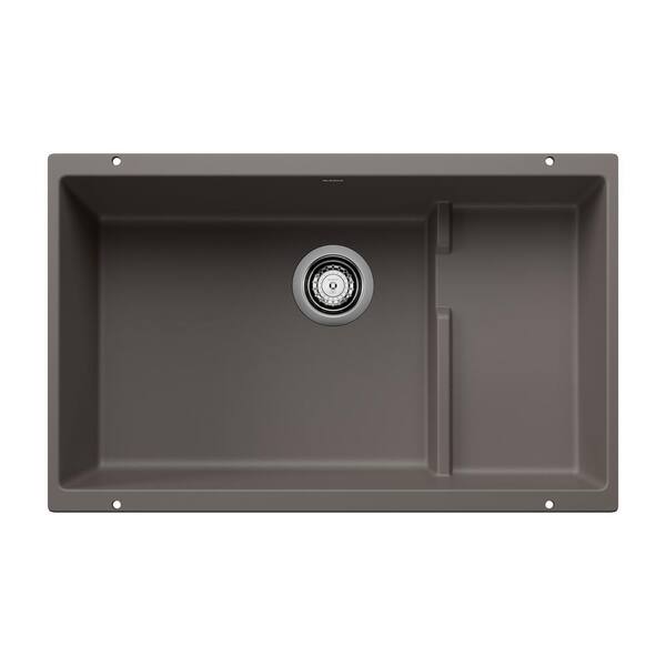 Blanco 28.75 in. Precis Cascade Volcano Gray Granite Composite Single Bowl Undermount Kitchen Sink with Mesh Colander