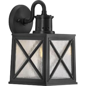 Seagrove Collection 1-Light Textured Black Clear Seeded Glass Farmhouse Outdoor Medium Wall Lantern Light