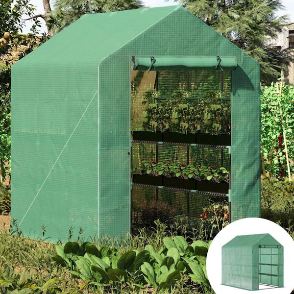 7 ft. x 5 ft. x 6.5 ft. Walk in DIY Greenhouse, PE Cover, 3-Tier Shelves, Steel Frame Hot House, Roll-Up Zipper Door