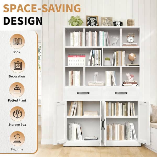 70.9 in. Tall White Metal 5-Shelve Standard Bookcase with Drawers for Home Office, Living Room