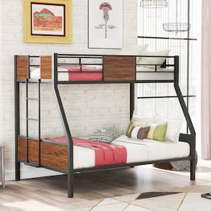 Brown Twin Over Full Size Steel Frame Bunk Bed with Wooden Headboard and Footboard