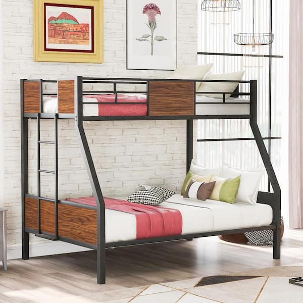 Harper & Bright Designs Brown Twin Over Full Size Steel Frame Bunk Bed with Wooden Headboard and Footboard