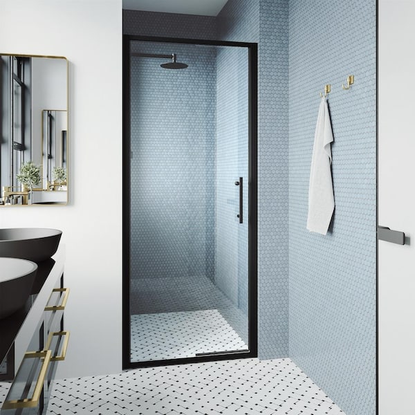 VIGO Astoria 30 in. W x 76 in. H Space Saving Framed Pivot Shower Door in Matte Black with Clear Glass