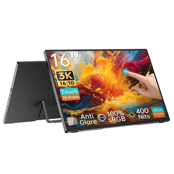16" Portable Touchscreen Monitor 3K, 16:10 Touch Screen Display with Tempered Glass, 100% sRGB Travel Monitor