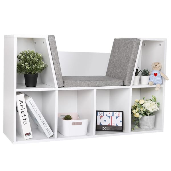 VEIKOUS White Kid Storage Bench Bookcase Organizer with 4-Cube and 2-Shelf