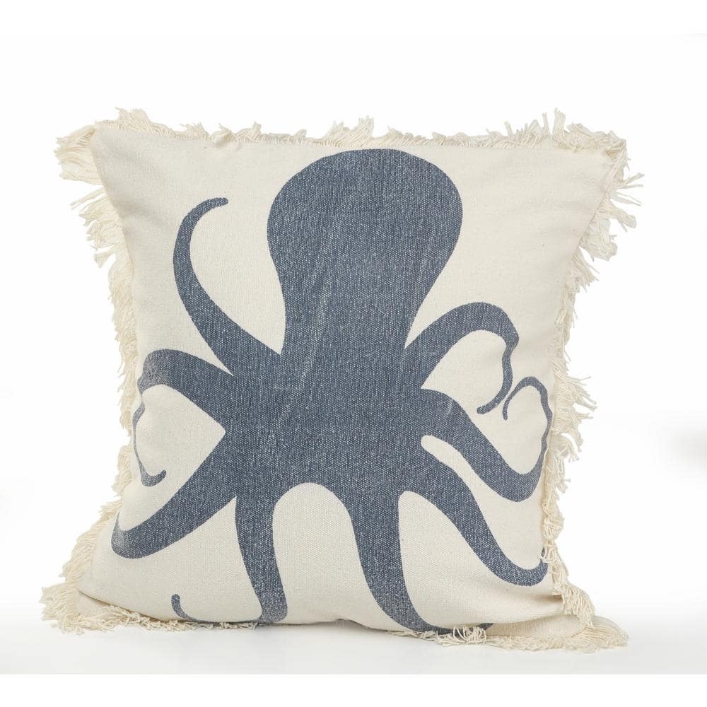 Coastal 18 in. x 18 in. Cream / Charcoal Octopus Fringe Cotton Standard Ind